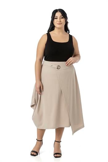 Büyük Beden Asimetrik Kesim Kuşgözü Detaylı Tek Cepli Midi Bej Rengi Etek