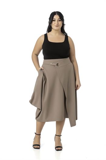 Büyük Beden Asimetrik Kesim Kuşgözü Detaylı Tek Cepli Midi Vizon Etek
