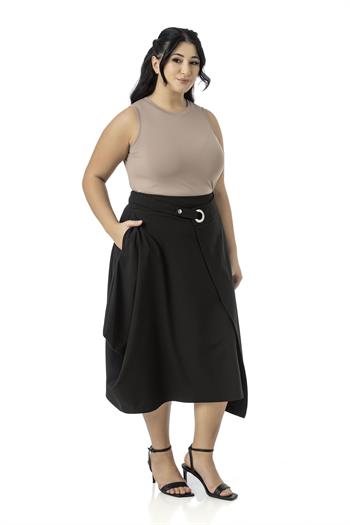 Büyük Beden Asimetrik Kesim Kuşgözü Detaylı Tek Cepli Midi Siyah Etek