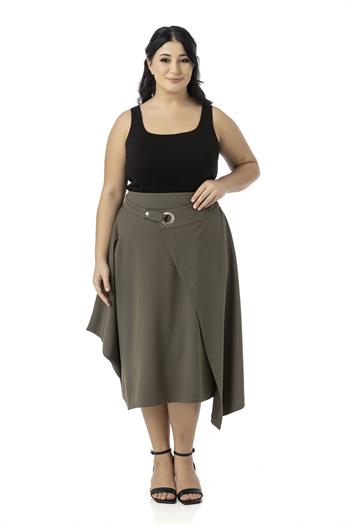 Büyük Beden Asimetrik Kesim Kuşgözü Detaylı Tek Cepli Midi Haki Etek