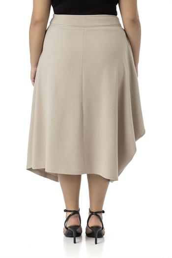 Büyük Beden Asimetrik Kesim Kuşgözü Detaylı Tek Cepli Midi Bej Rengi Etek