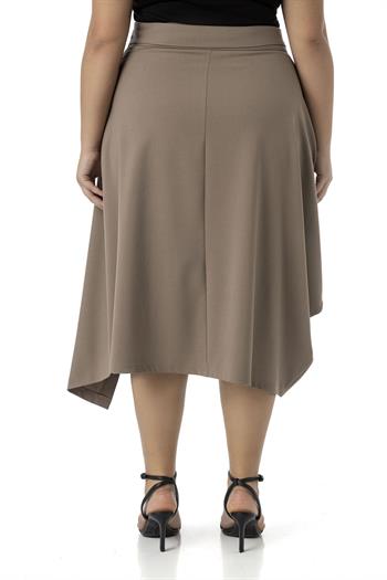 Büyük Beden Asimetrik Kesim Kuşgözü Detaylı Tek Cepli Midi Vizon Etek