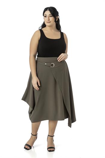 Büyük Beden Asimetrik Kesim Kuşgözü Detaylı Tek Cepli Midi Haki Etek