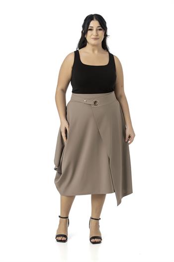 Büyük Beden Asimetrik Kesim Kuşgözü Detaylı Tek Cepli Midi Vizon Etek
