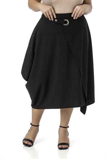 Büyük Beden Asimetrik Kesim Kuşgözü Detaylı Tek Cepli Midi Siyah Etek