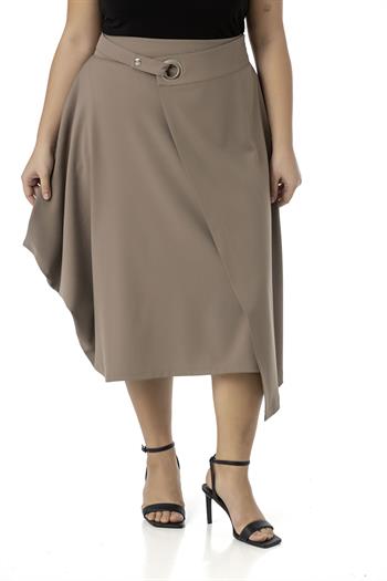 Büyük Beden Asimetrik Kesim Kuşgözü Detaylı Tek Cepli Midi Vizon Etek