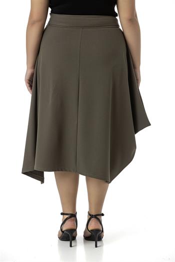 Büyük Beden Asimetrik Kesim Kuşgözü Detaylı Tek Cepli Midi Haki Etek