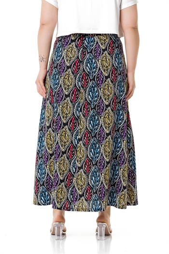 Büyük Beden Beli Arkadan Lastikli Kuşaklı Kloş Cepsiz Uzun Siyah Etek