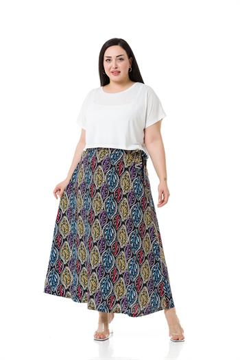 Büyük Beden Beli Arkadan Lastikli Kuşaklı Kloş Cepsiz Uzun Siyah Etek