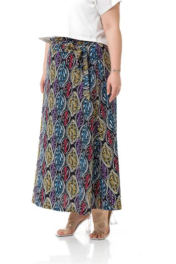 Büyük Beden Beli Arkadan Lastikli Kuşaklı Kloş Cepsiz Uzun Siyah Etek