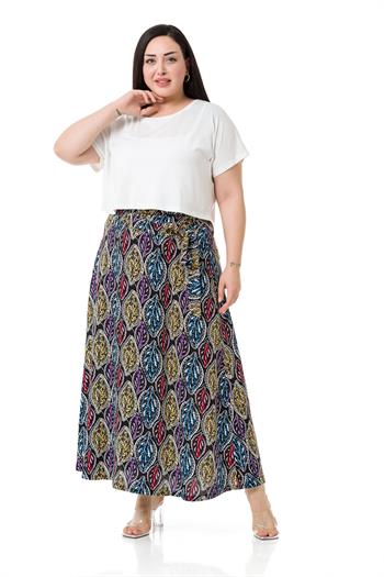 Büyük Beden Beli Arkadan Lastikli Kuşaklı Kloş Cepsiz Uzun Siyah Etek