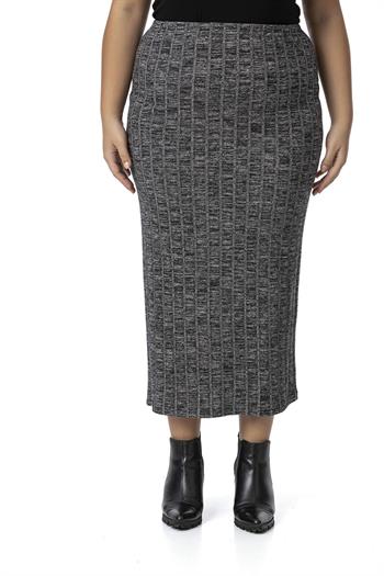 Büyük Beden Beli Lastikli Fitilli Triko Siyah Etek