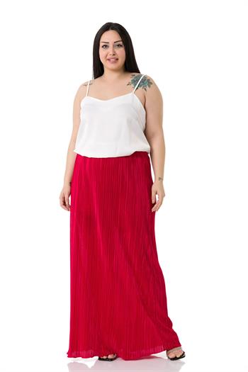 Büyük Beden Beli Lastikli Kraşlı Saten Uzun Kırmızı Etek 