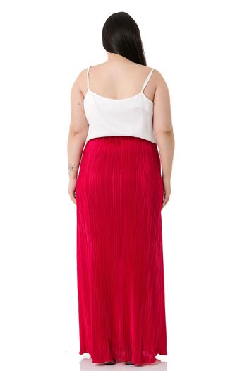 Büyük Beden Beli Lastikli Kraşlı Saten Uzun Kırmızı Etek 