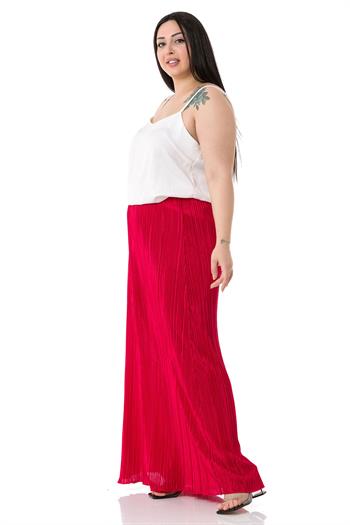 Büyük Beden Beli Lastikli Kraşlı Saten Uzun Kırmızı Etek 