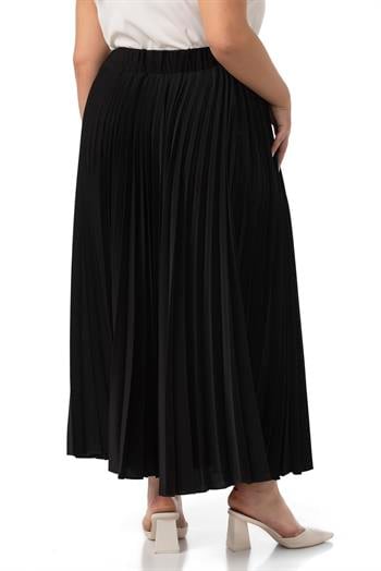 Büyük Beden Beli Lastikli Pileli Uzun Siyah Etek
