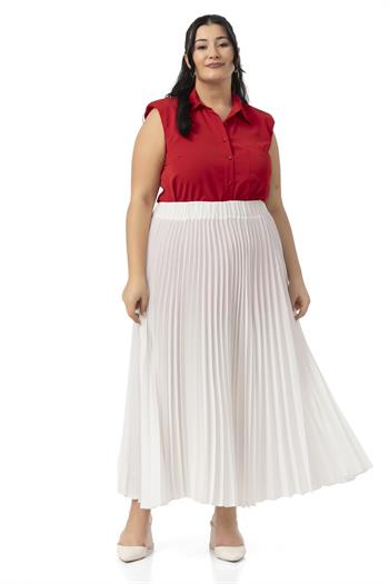 Büyük Beden Beli Lastikli Pileli Uzun Beyaz Etek