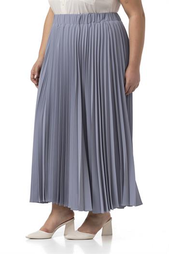 Büyük Beden Beli Lastikli Pileli Uzun Açık Gri Etek