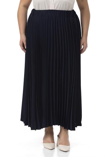 Büyük Beden Beli Lastikli Pileli Uzun Lacivert Etek