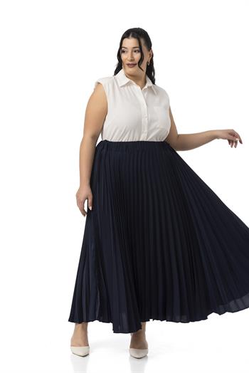 Büyük Beden Beli Lastikli Pileli Uzun Lacivert Etek