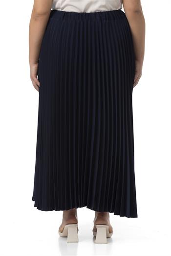 Büyük Beden Beli Lastikli Pileli Uzun Lacivert Etek