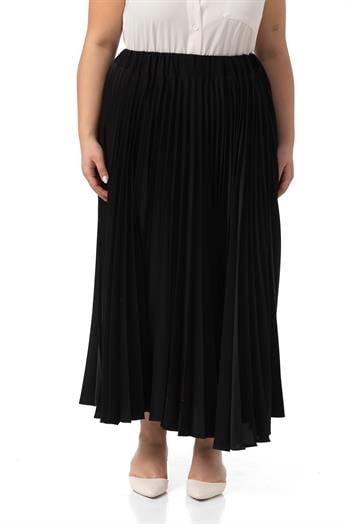 Büyük Beden Beli Lastikli Pileli Uzun Siyah Etek