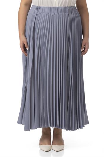 Büyük Beden Beli Lastikli Pileli Uzun Açık Gri Etek