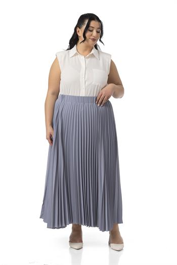 Büyük Beden Beli Lastikli Pileli Uzun Açık Gri Etek