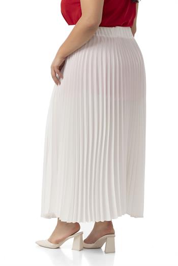 Büyük Beden Beli Lastikli Pileli Uzun Beyaz Etek
