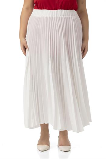 Büyük Beden Beli Lastikli Pileli Uzun Beyaz Etek