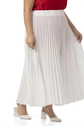 Büyük Beden Beli Lastikli Pileli Uzun Beyaz Etek