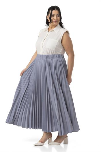 Büyük Beden Beli Lastikli Pileli Uzun Açık Gri Etek