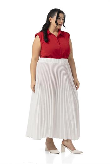 Büyük Beden Beli Lastikli Pileli Uzun Beyaz Etek