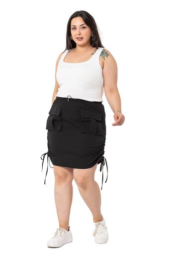 Büyük Beden Büzgü Detaylı Paraşüt Mini Siyah Etek 