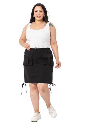 Büyük Beden Büzgü Detaylı Paraşüt Mini Siyah Etek 