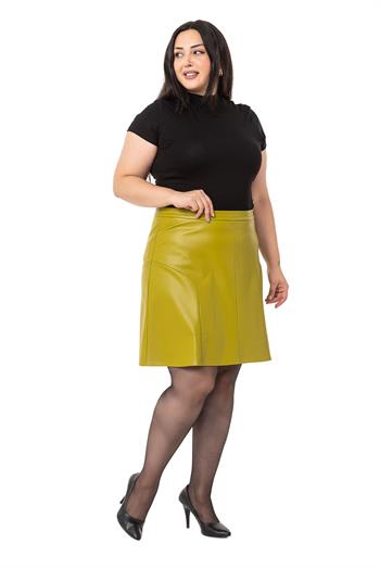 Büyük Beden Deri Fıstık Yeşili Mini Etek