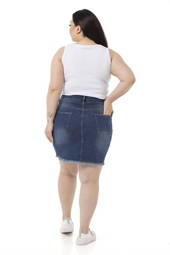 Büyük Beden Eteği Püsküllü Düğme Detaylı Mavi Denim Mini Etek