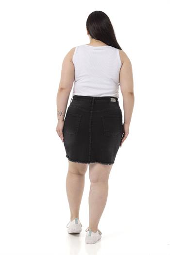 Büyük Beden Eteği Püsküllü Düğme Detaylı Siyah Denim Mini Etek