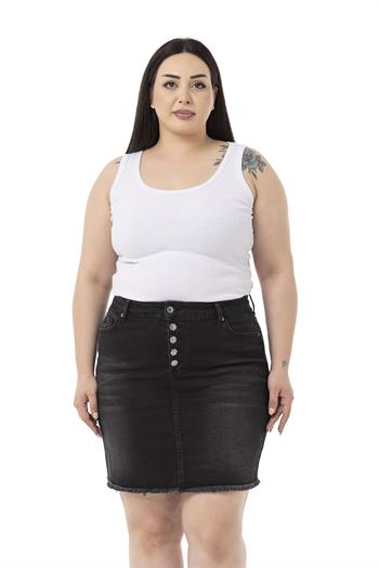 Büyük Beden Eteği Püsküllü Düğme Detaylı Siyah Denim Mini Etek