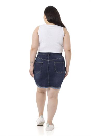 Büyük Beden Eteği Püsküllü Düğme Detaylı Lacivert Denim Mini Etek