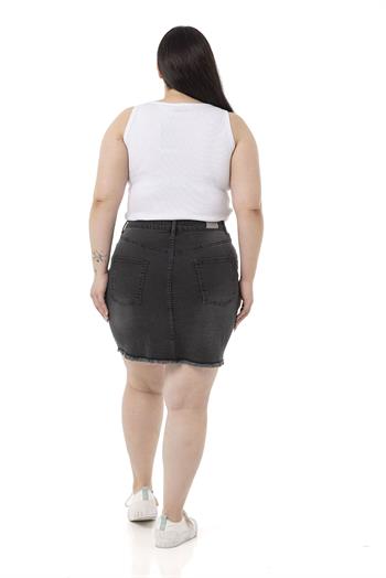 Büyük Beden Eteği Püsküllü Düğme Detaylı Antrasit Denim Mini Etek