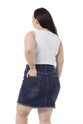 Büyük Beden Eteği Püsküllü Düğme Detaylı Lacivert Denim Mini Etek