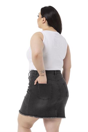 Büyük Beden Eteği Püsküllü Düğme Detaylı Antrasit Denim Mini Etek
