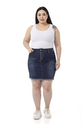 Büyük Beden Eteği Püsküllü Düğme Detaylı Lacivert Denim Mini Etek