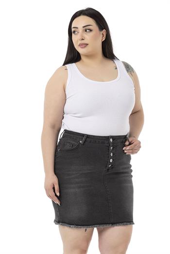 Büyük Beden Eteği Püsküllü Düğme Detaylı Antrasit Denim Mini Etek