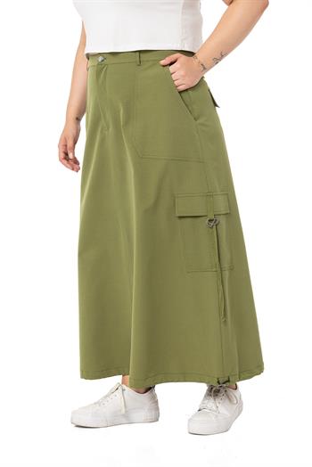 Büyük Beden Etek Ucu Büzgü Detaylı Paraşüt Uzun Haki Etek