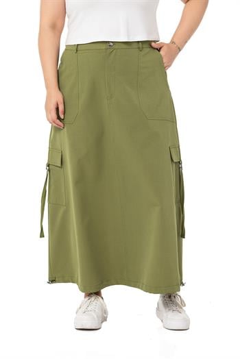 Büyük Beden Etek Ucu Büzgü Detaylı Paraşüt Uzun Haki Etek