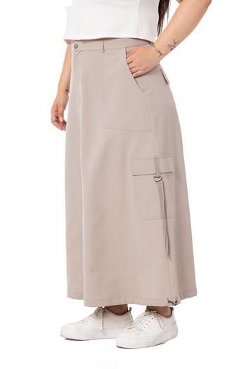 Plus Size Parachute Long Stone Skirt with Gathering Detail at the Hem