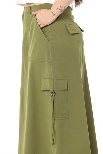 Büyük Beden Etek Ucu Büzgü Detaylı Paraşüt Uzun Haki Etek