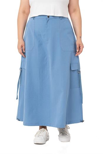 Büyük Beden Etek Ucu Büzgü Detaylı Paraşüt Uzun Mavi Etek